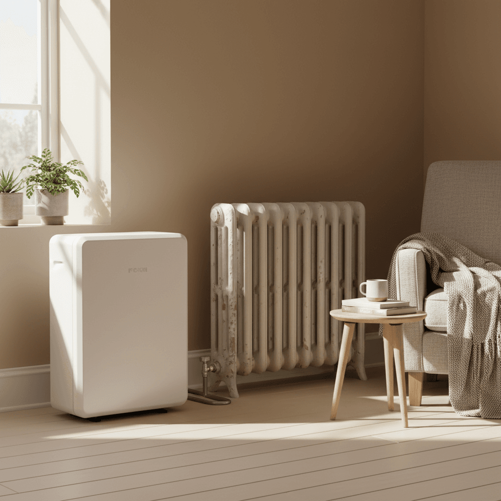 Pompe à chaleur Alféa Siena Duo installée à côté d'un radiateur existant dans un salon