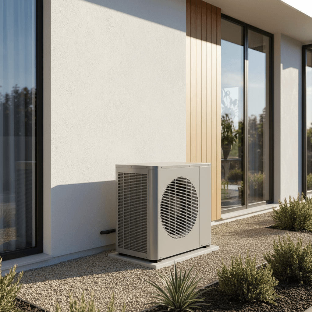 Unité extérieure de pompe à chaleur air eau installée près d'une maison moderne