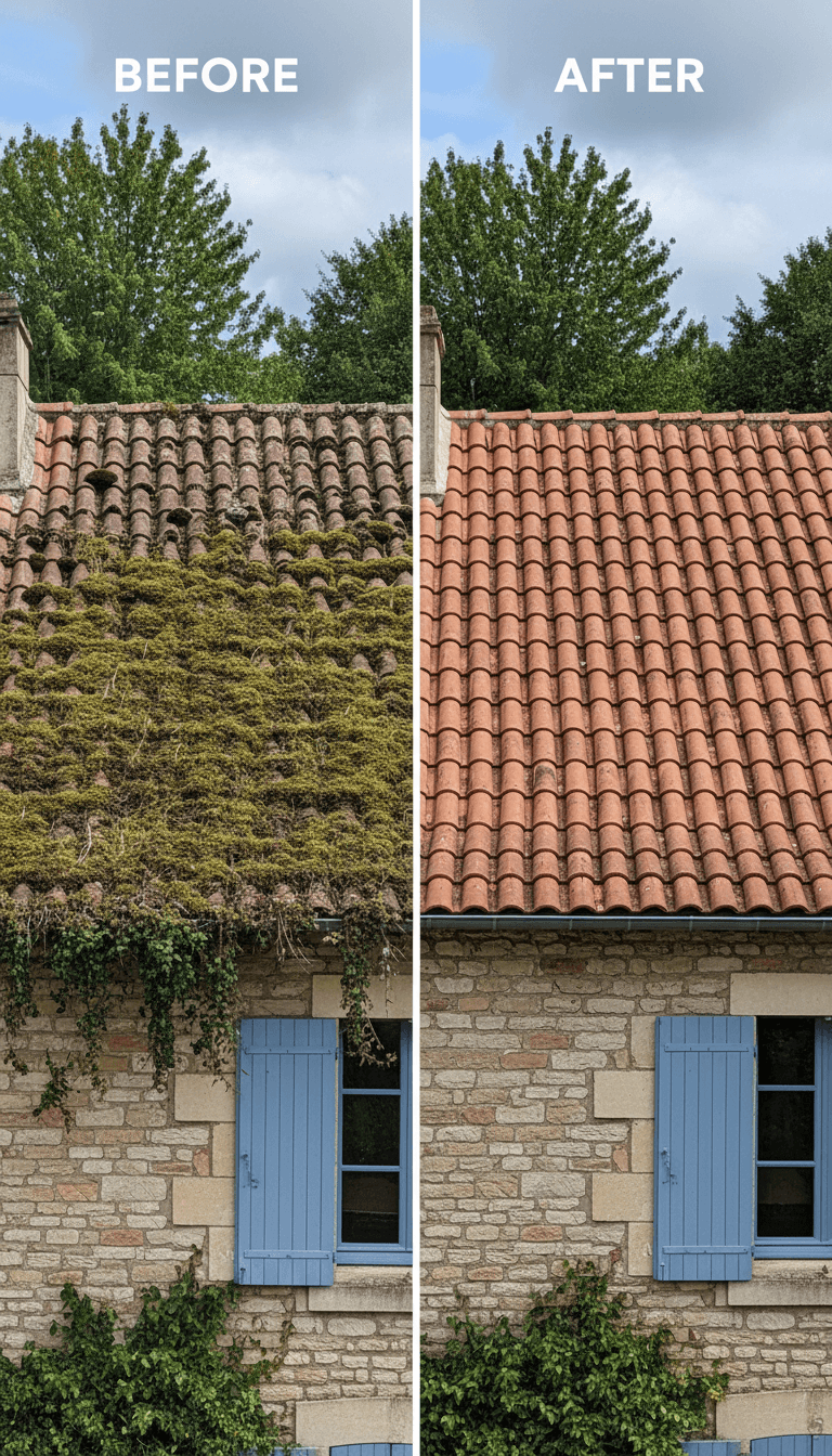 comparaison avant après nettoyage de toiture montrant des tuiles propres