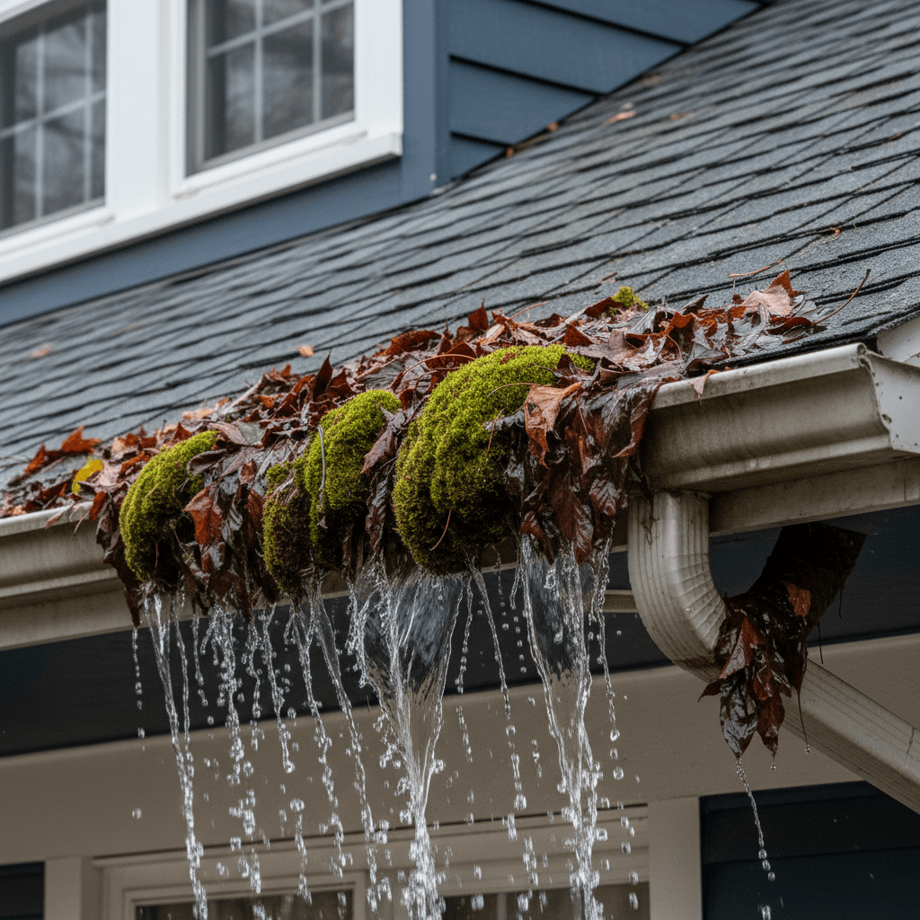 Gouttière obstruée par des feuilles et de la mousse sur un toit