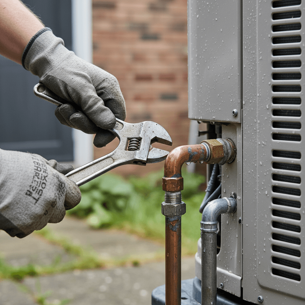 Mains d'un technicien raccordant un tuyau de cuivre sur une pompe à chaleur