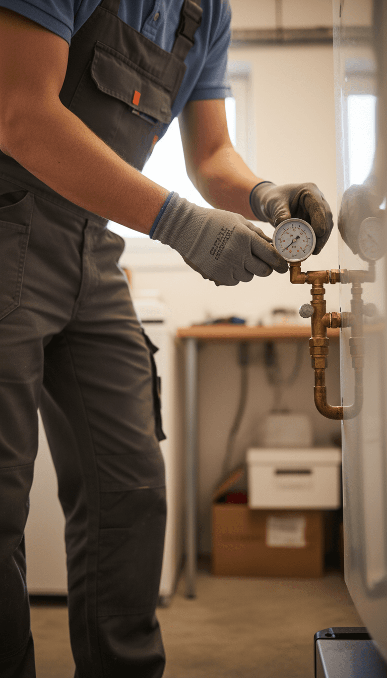 Artisan RGE ajustant le module hydraulique d'une pompe à chaleur air-eau