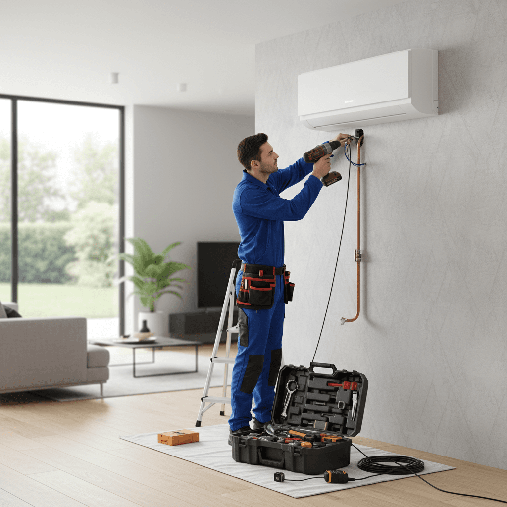 Technicien installant une unité de climatisation sur un mur dans une maison moderne