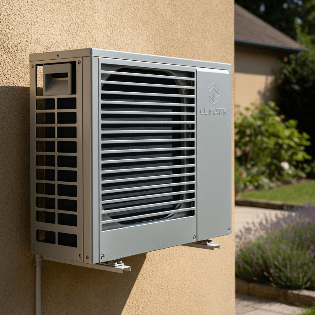 Unité extérieure de pompe à chaleur air-eau installée sur le mur d'une maison française