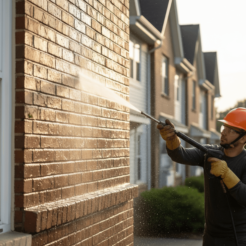 Travail de ravalement de façade par un artisan sur une brique