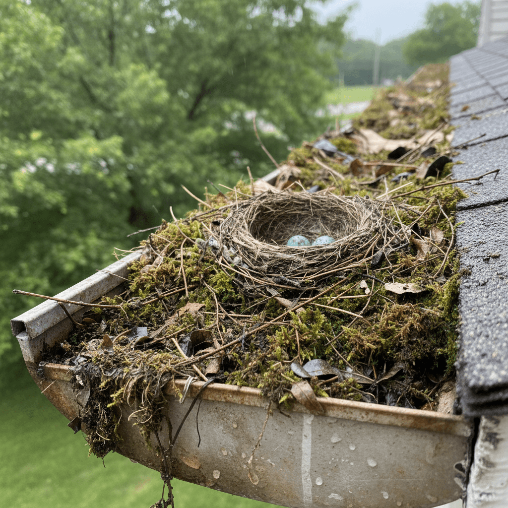 Nid d'oiseau dans une gouttière obstruée sur un toit