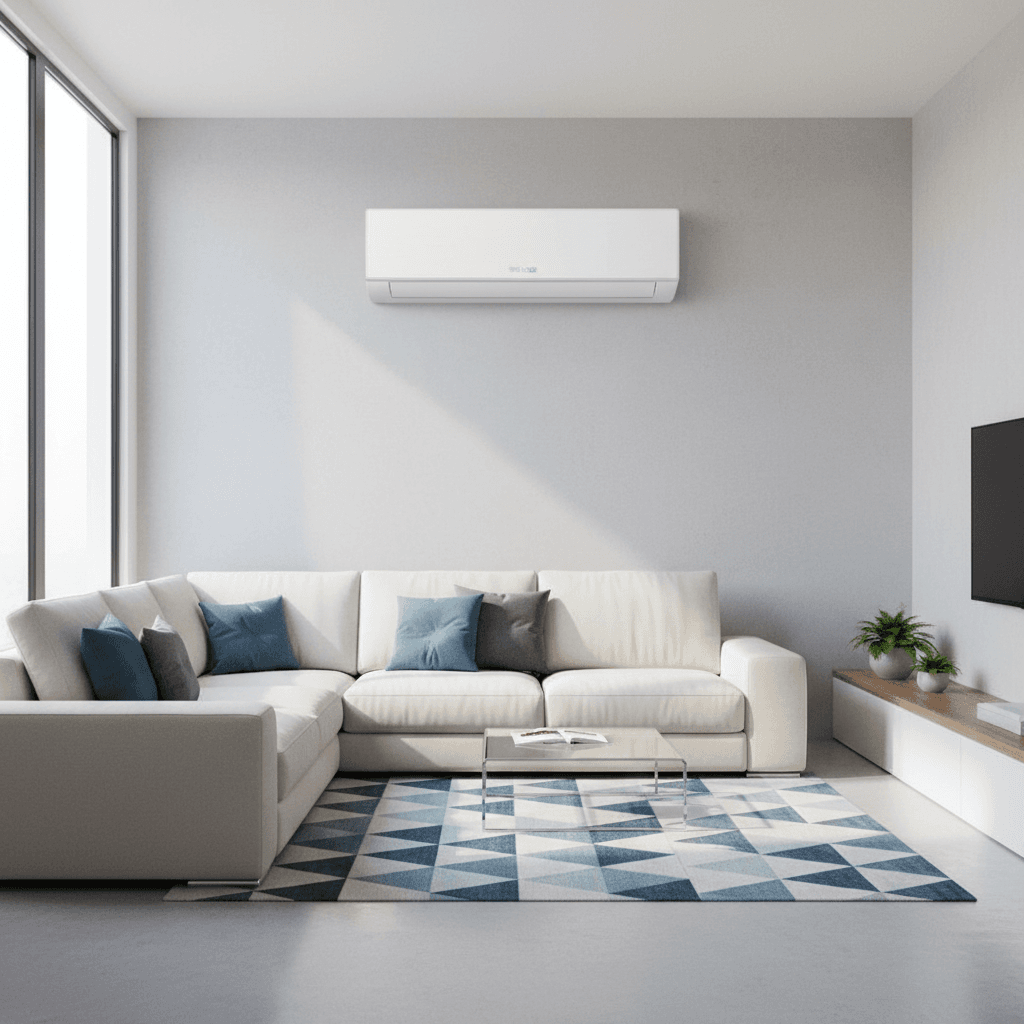 Unité intérieure blanche moderne posée sur un mur dans un salon lumineux