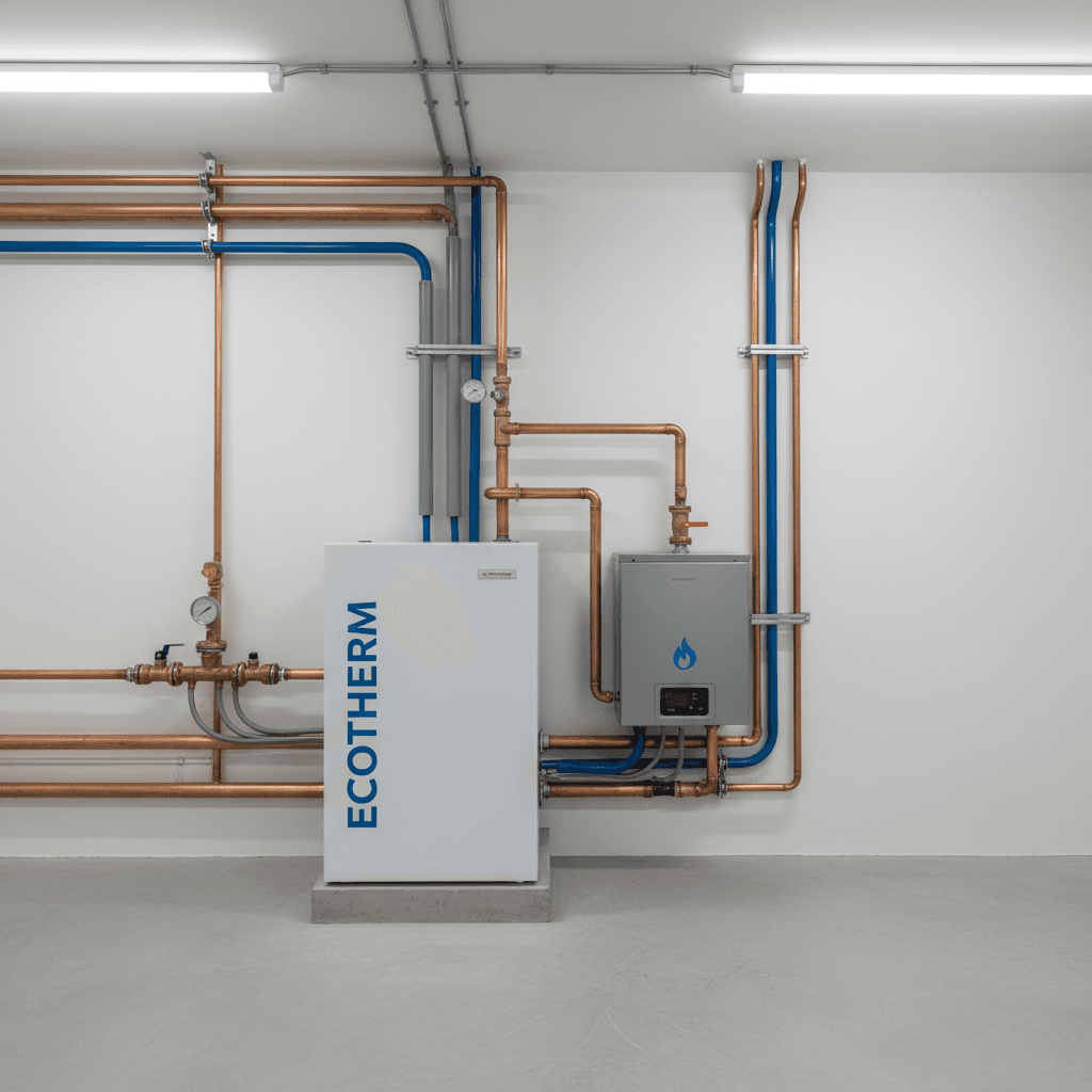 Installation d'une pompe à chaleur hybride Alféa avec chaudière gaz dans une cave