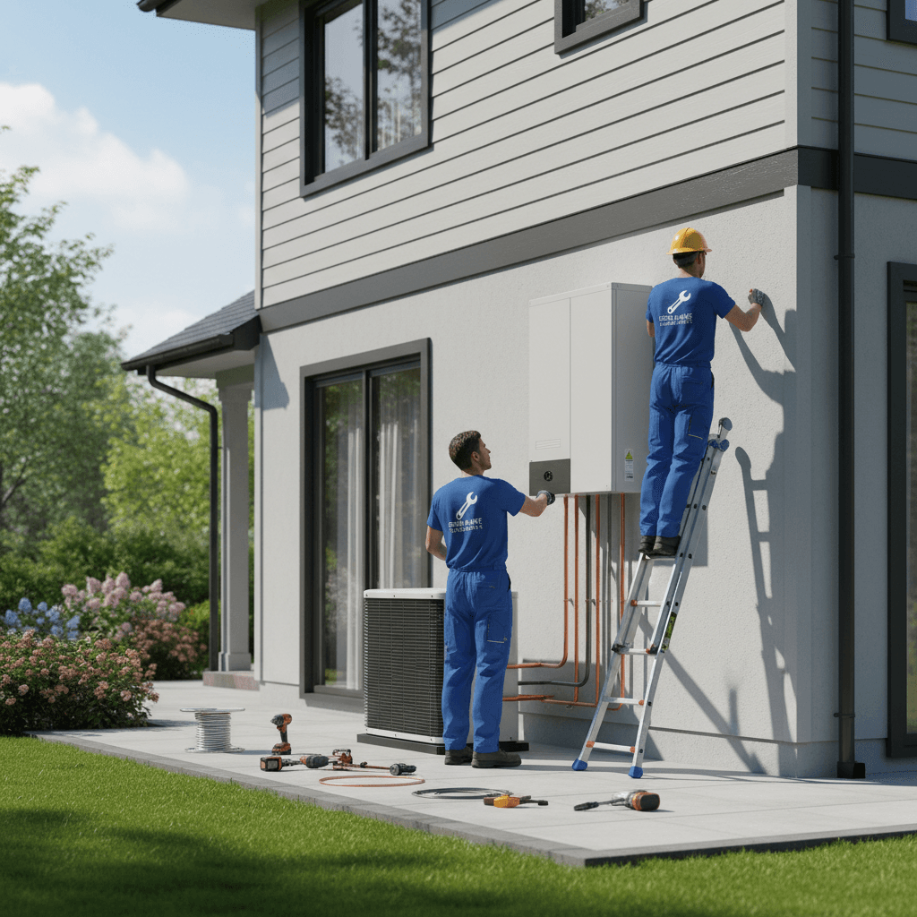 Installateurs posant une pompe à chaleur à l'extérieur d'une maison