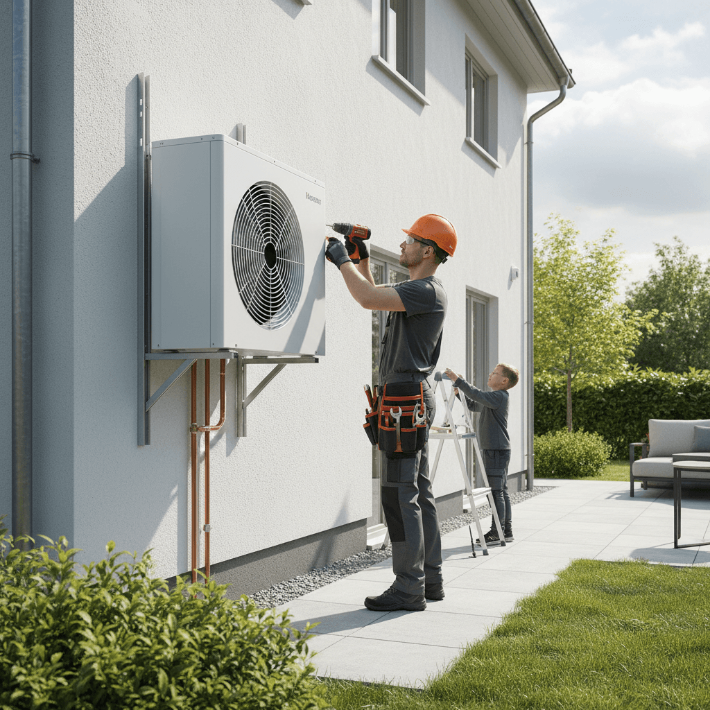 Installateur posant une pompe à chaleur air-eau sur le mur extérieur d'une maison