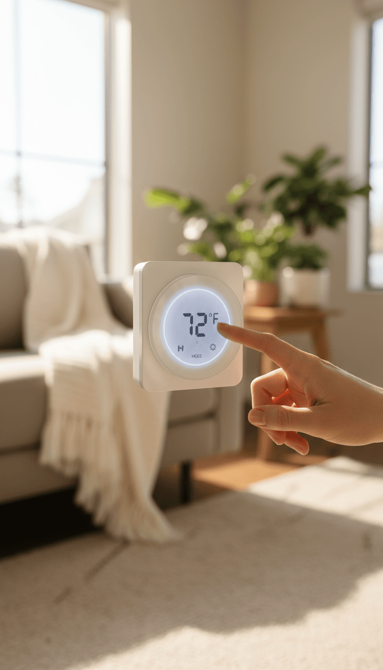 Main touchant un thermostat mural dans un salon lumineux