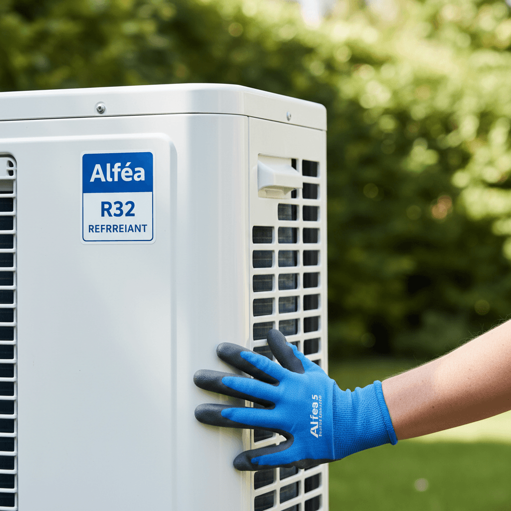 Technicien ajustant les réglages sur une pompe à chaleur Alféa Extensa 5 R32