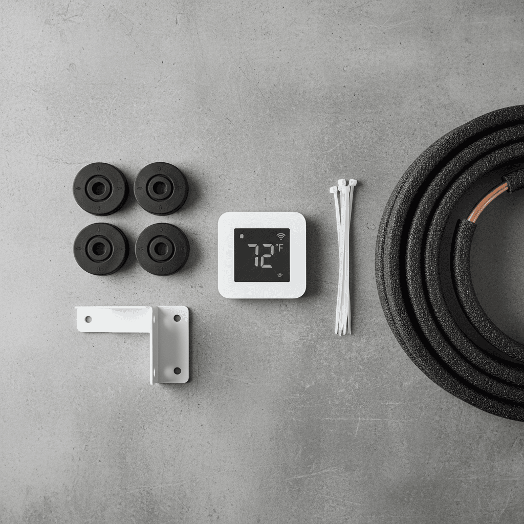 Accessoires Atlantic disposés sur un plan de travail : thermostat, kit anti-vibratiles et supports