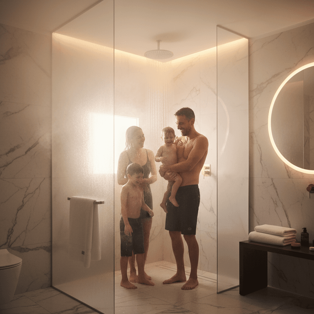 famille profitant d'une douche chaude dans une salle de bain moderne
