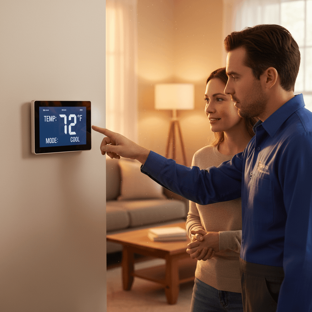 Technicien expliquant le fonctionnement d'un thermostat à un client