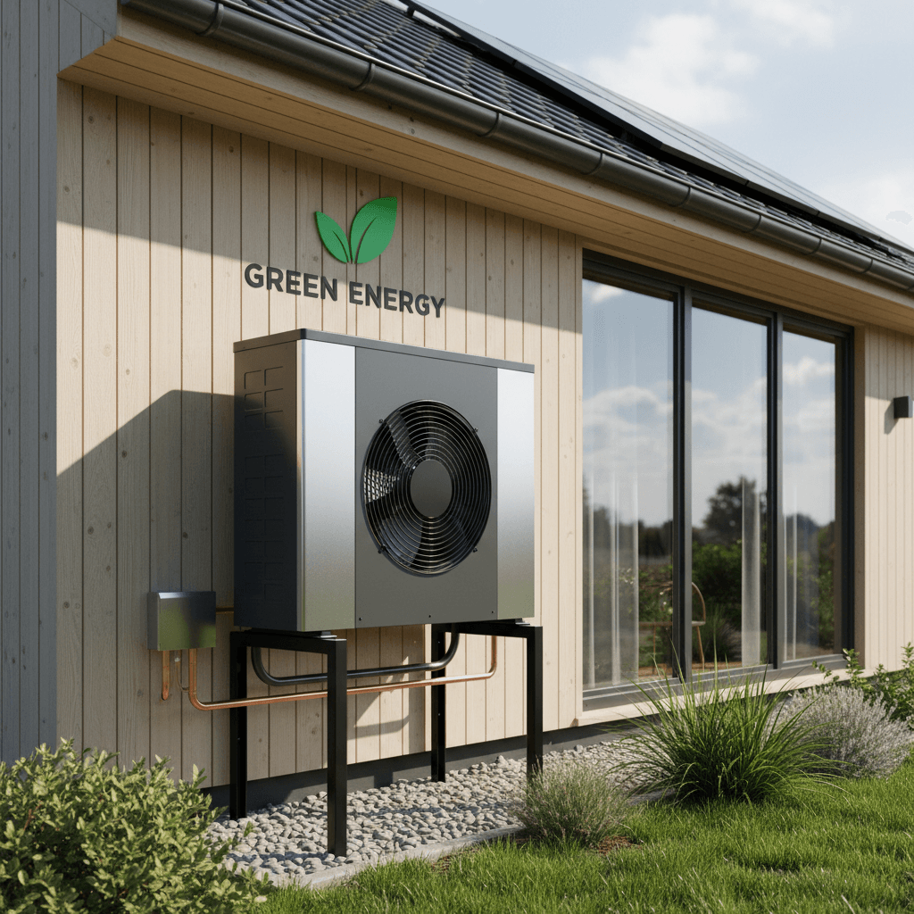 Unité extérieure de pompe à chaleur air-eau installée près d'une maison