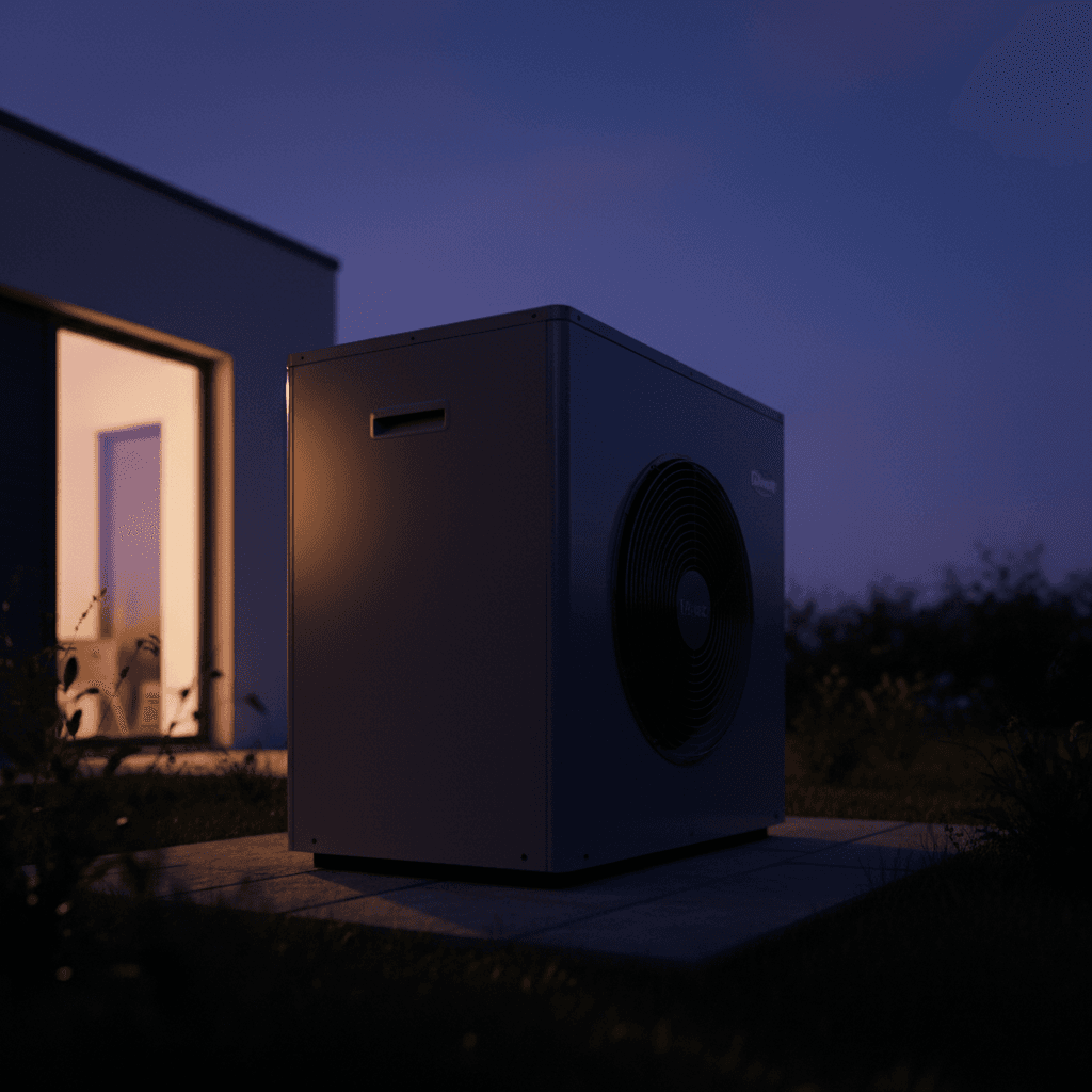 Pompe à chaleur silencieuse dans un jardin au crépuscule