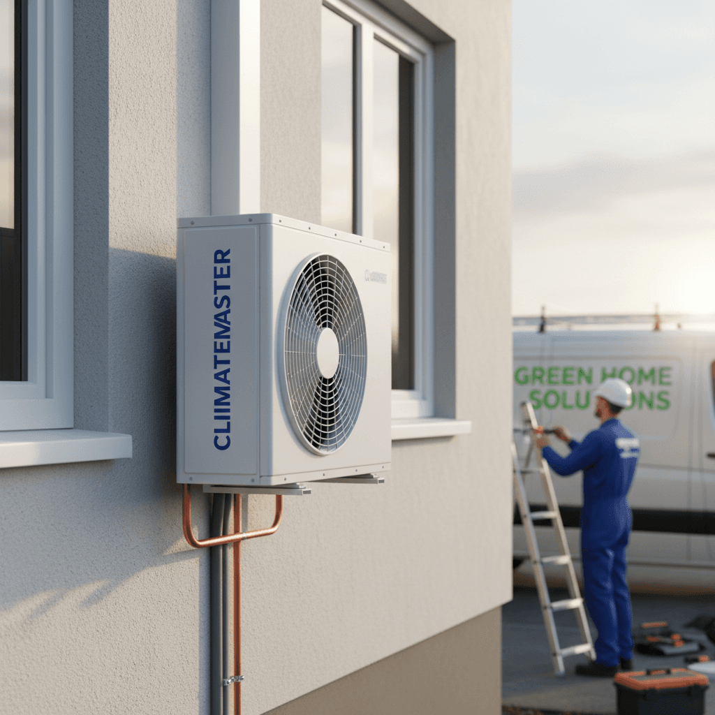 Unité extérieure de pompe à chaleur air-air installée sur un mur de maison