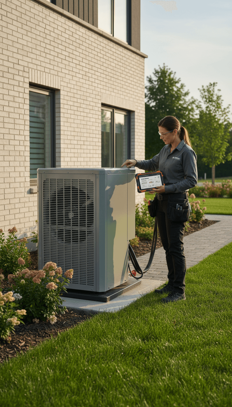 Technicien vérifiant une pompe à chaleur air-air avec une tablette
