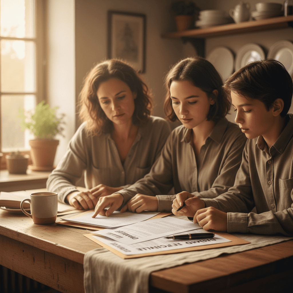 Famille examinant des documents de financement pour des travaux de rénovation