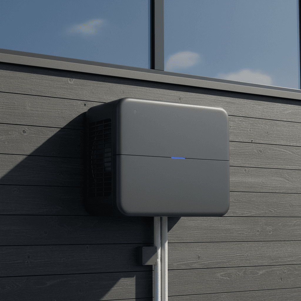 Unité extérieure de pompe à chaleur air-air installée sur mur de maison