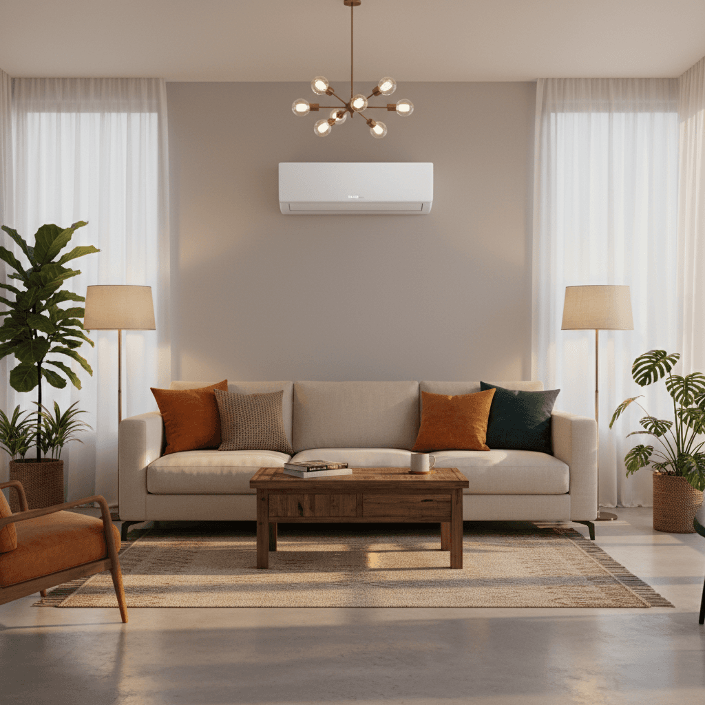 Split mural moderne diffusant de l'air chaud dans un salon lumineux