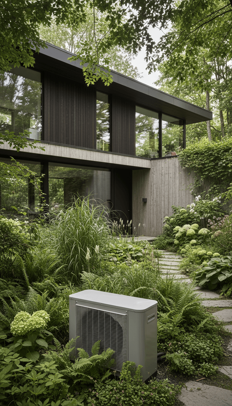 Maison moderne avec une unité extérieure de pompe à chaleur dans le jardin