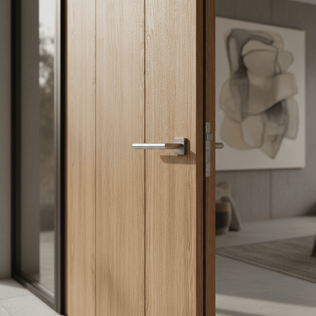 Close-up of modern oak wooden entry door with brushed steel hardware and contemporary handle design