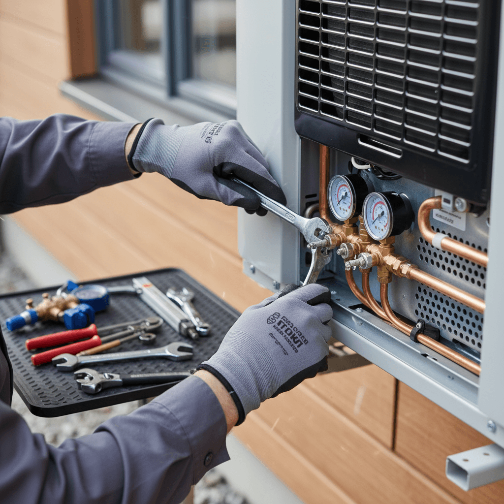 Technicien installant une pompe à chaleur air eau sur un mur extérieur