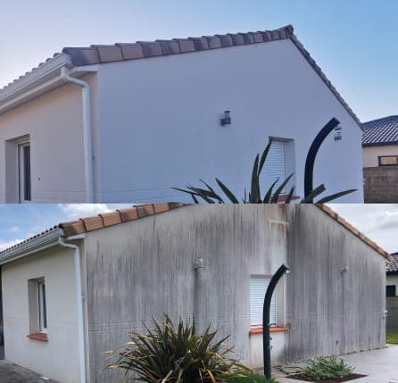 Comparaison avant et après du nettoyage d'une façade de maison couverte de traces noires.