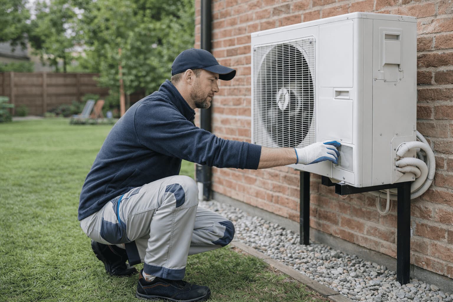 Technicien accroupi inspectant une unité de climatisation extérieure installée sur un mur en briques.