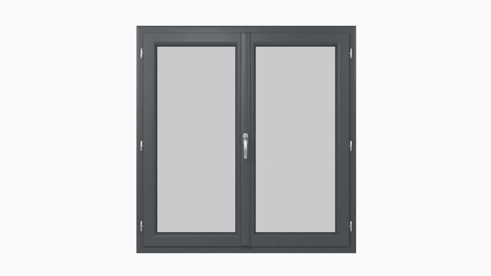 Fenêtre moderne à double battant gris anthracite avec poignée argentée centrale sur fond blanc.