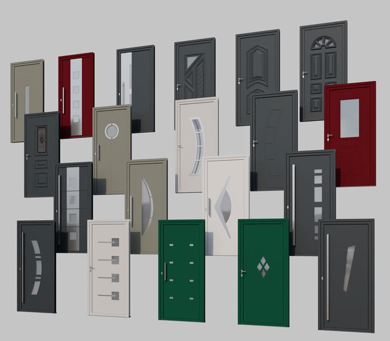 Collection de portes d'entrée contemporaines de différentes couleurs et styles avec des détails en verre.